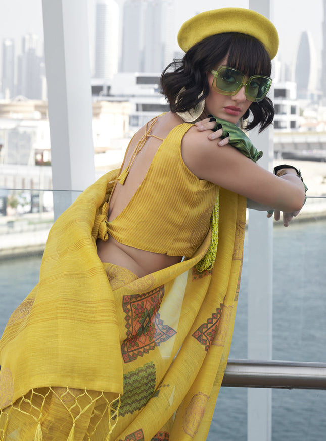 Lemon Yellow Printed Zari Tissue Saree