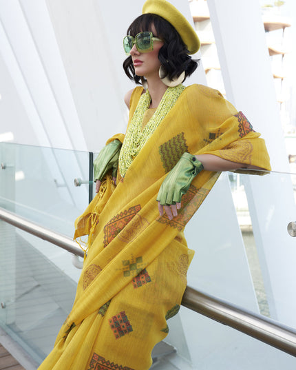 Lemon Yellow Printed Zari Tissue Saree