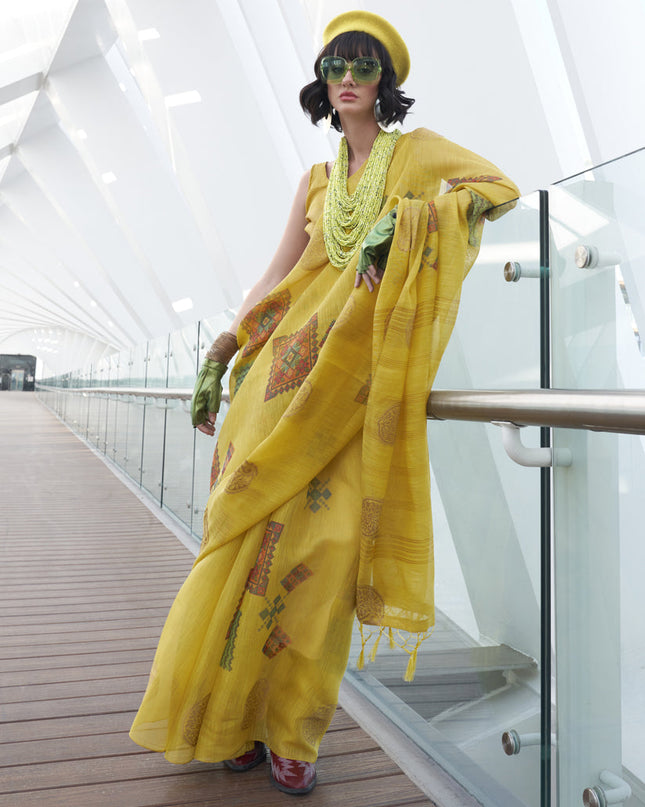 Lemon Yellow Printed Zari Tissue Saree