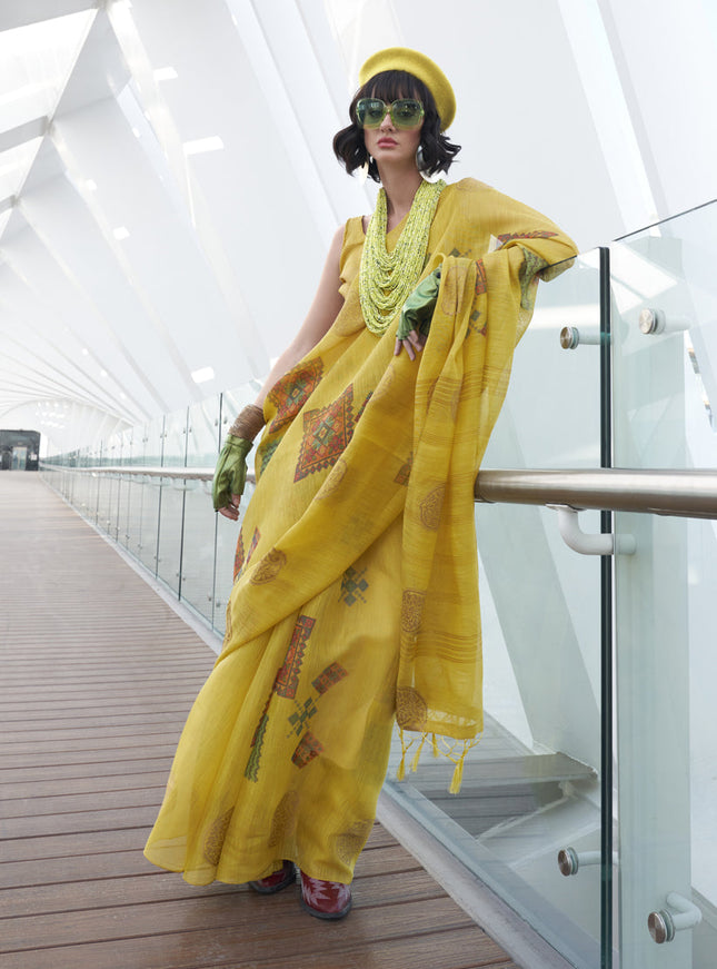 Lemon Yellow Printed Zari Tissue Saree