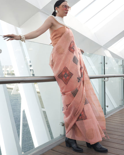 Peach Printed Zari Tissue Saree