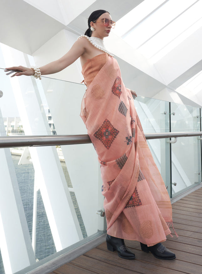 Peach Printed Zari Tissue Saree