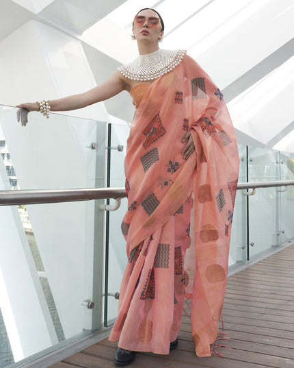 Peach Printed Zari Tissue Saree
