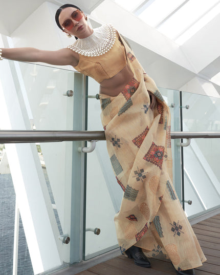 Beige Printed Zari Tissue Saree