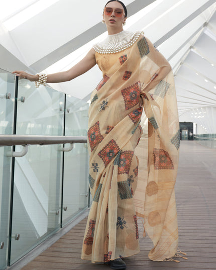 Beige Printed Zari Tissue Saree
