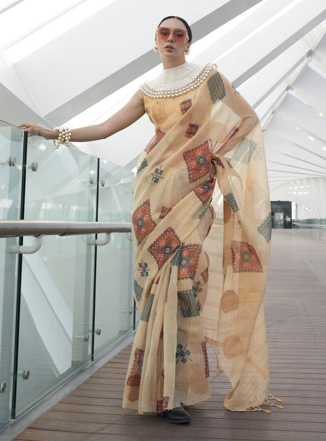 Beige Printed Zari Tissue Saree