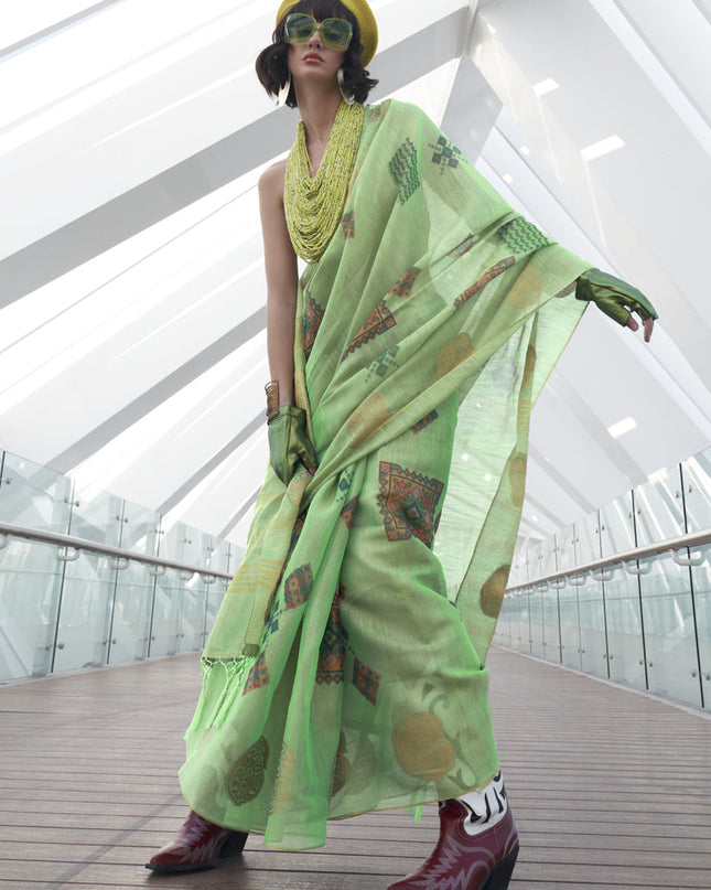 Pistachio Green Printed Zari Tissue Saree