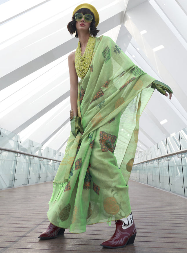 Pistachio Green Printed Zari Tissue Saree