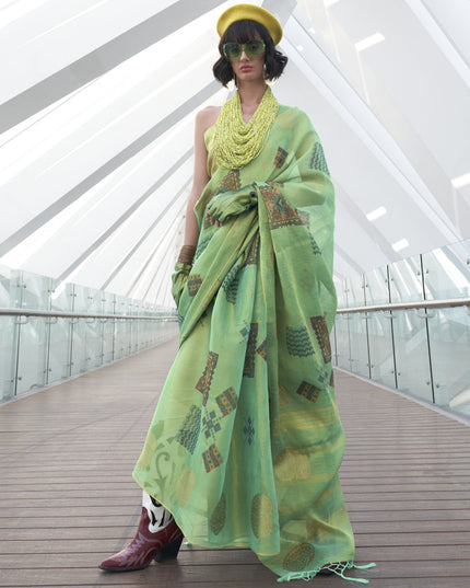 Pistachio Green Printed Zari Tissue Saree
