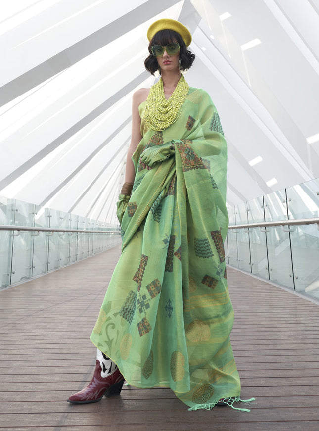 Pistachio Green Printed Zari Tissue Saree