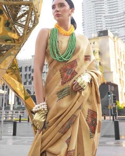 Beige Printed Zari Tissue Saree