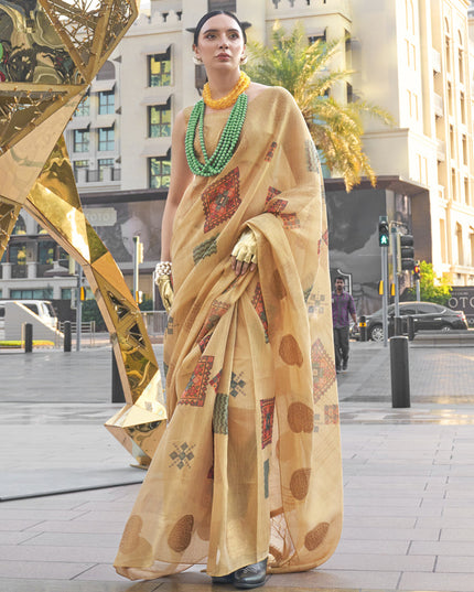 Beige Printed Zari Tissue Saree