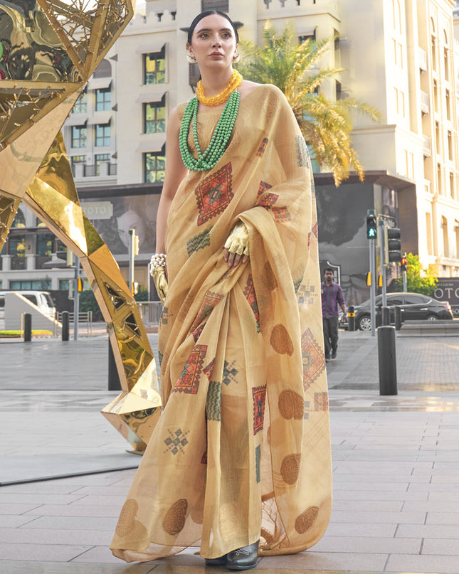 Beige Printed Zari Tissue Saree