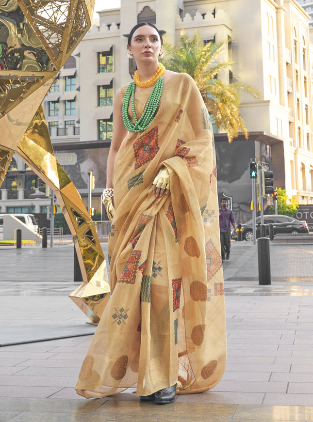 Beige Printed Zari Tissue Saree