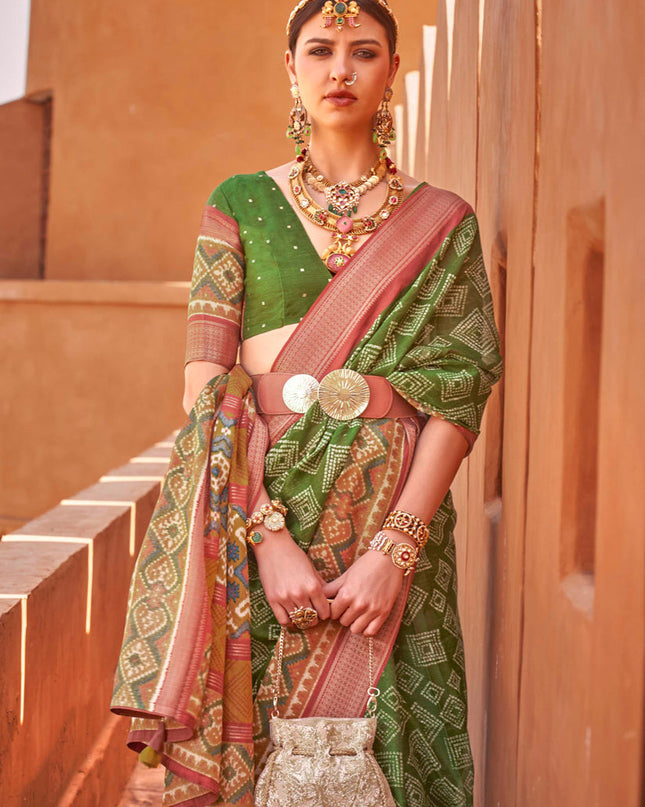 Olive Green Foil Printed Cotton Silk Saree