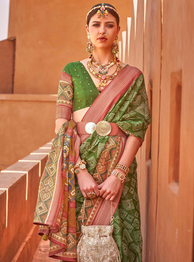 Olive Green Foil Printed Cotton Silk Saree