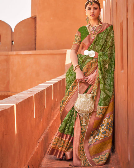 Olive Green Foil Printed Cotton Silk Saree