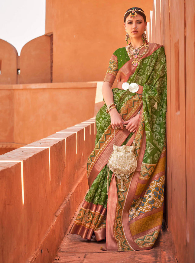 Olive Green Foil Printed Cotton Silk Saree