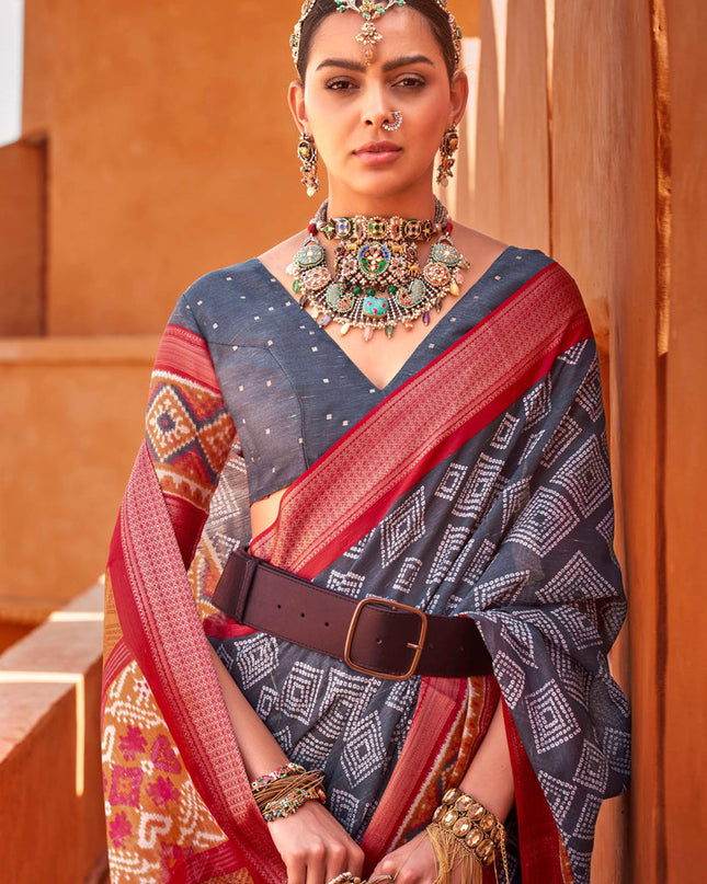 Slate Grey Foil Printed Cotton Silk Saree