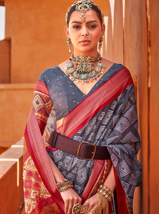 Slate Grey Foil Printed Cotton Silk Saree