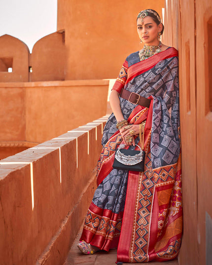 Slate Grey Foil Printed Cotton Silk Saree