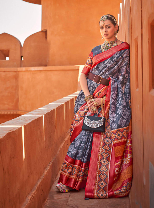 Slate Grey Foil Printed Cotton Silk Saree