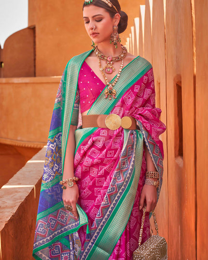 Rani Pink Foil Printed Cotton Silk Saree