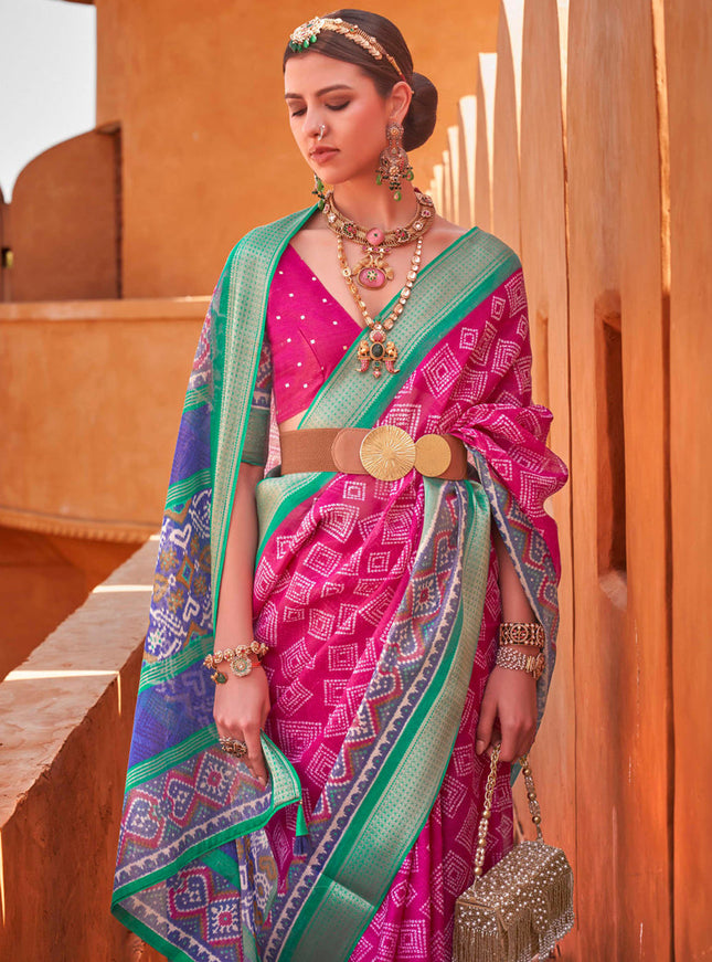 Rani Pink Foil Printed Cotton Silk Saree