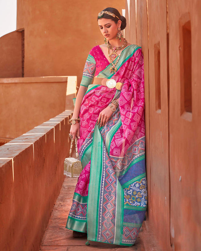 Rani Pink Foil Printed Cotton Silk Saree