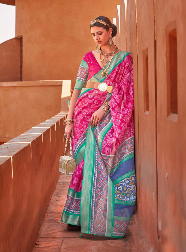 Rani Pink Foil Printed Cotton Silk Saree