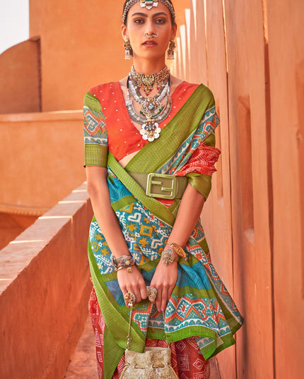 Flame Orange Foil Printed Cotton Silk Saree