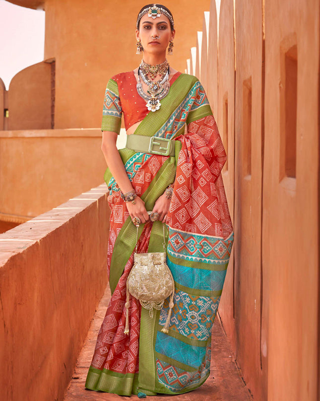 Flame Orange Foil Printed Cotton Silk Saree