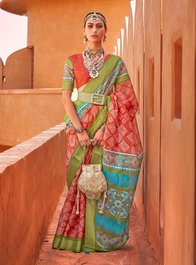 Flame Orange Foil Printed Cotton Silk Saree