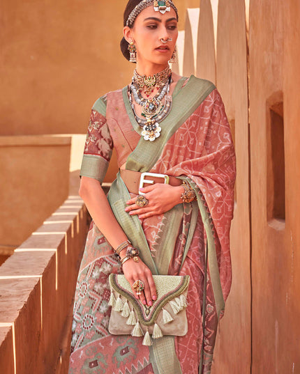 Cantaloupe Foil Printed Cotton Silk Saree