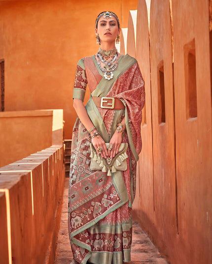 Cantaloupe Foil Printed Cotton Silk Saree