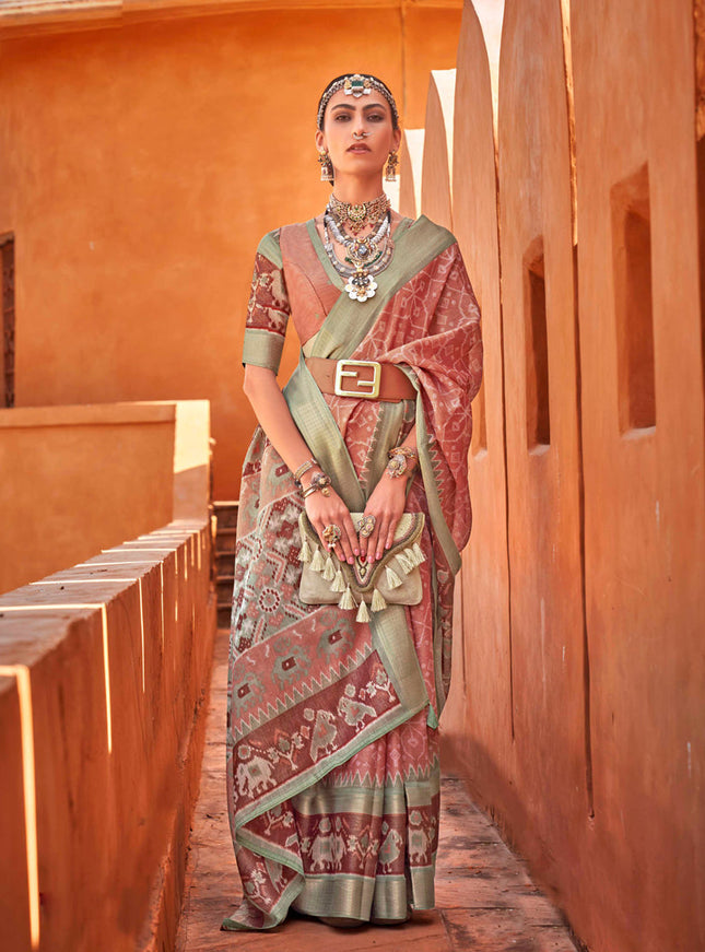 Cantaloupe Foil Printed Cotton Silk Saree