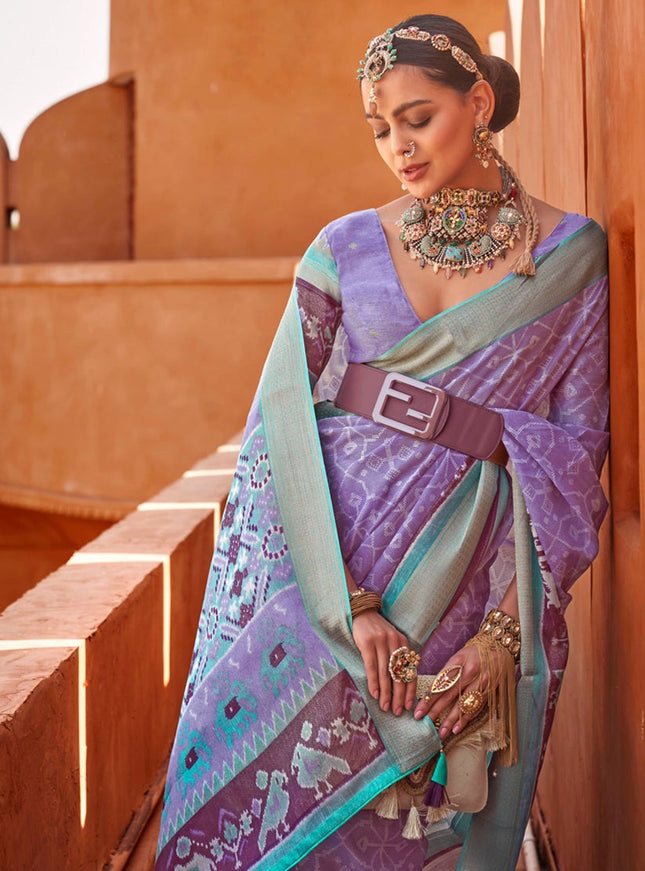 Lilac Foil Printed Cotton Silk Saree