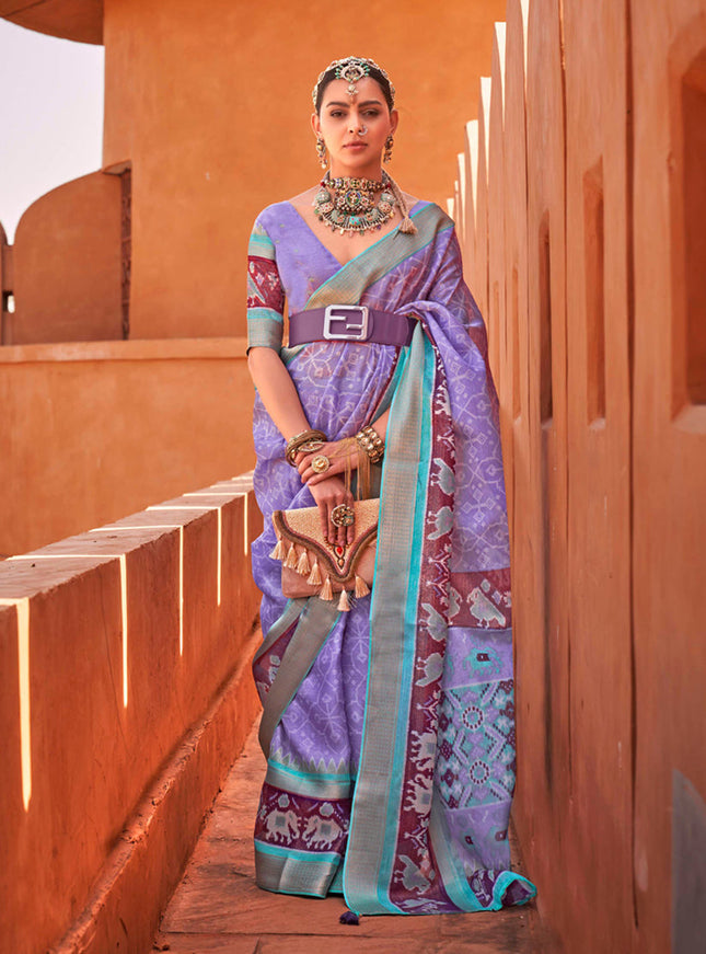 Lilac Foil Printed Cotton Silk Saree