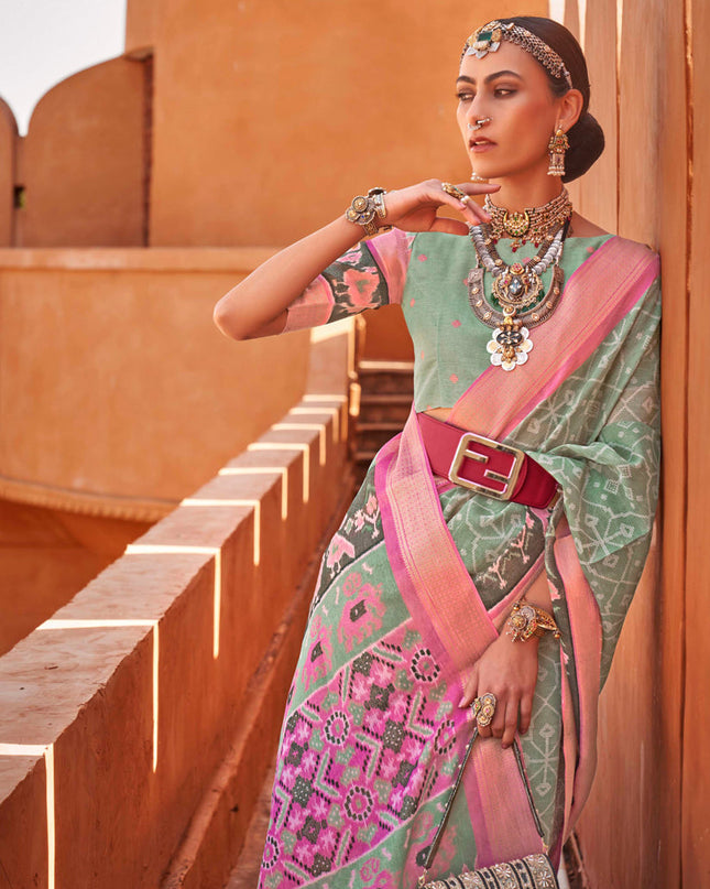 Sage Green Foil Printed Cotton Silk Saree