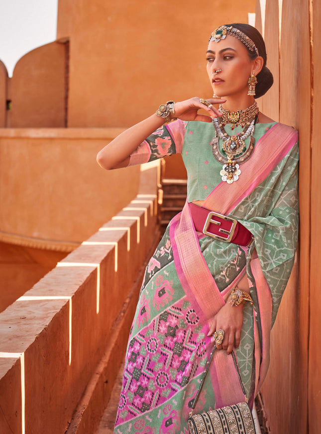 Sage Green Foil Printed Cotton Silk Saree