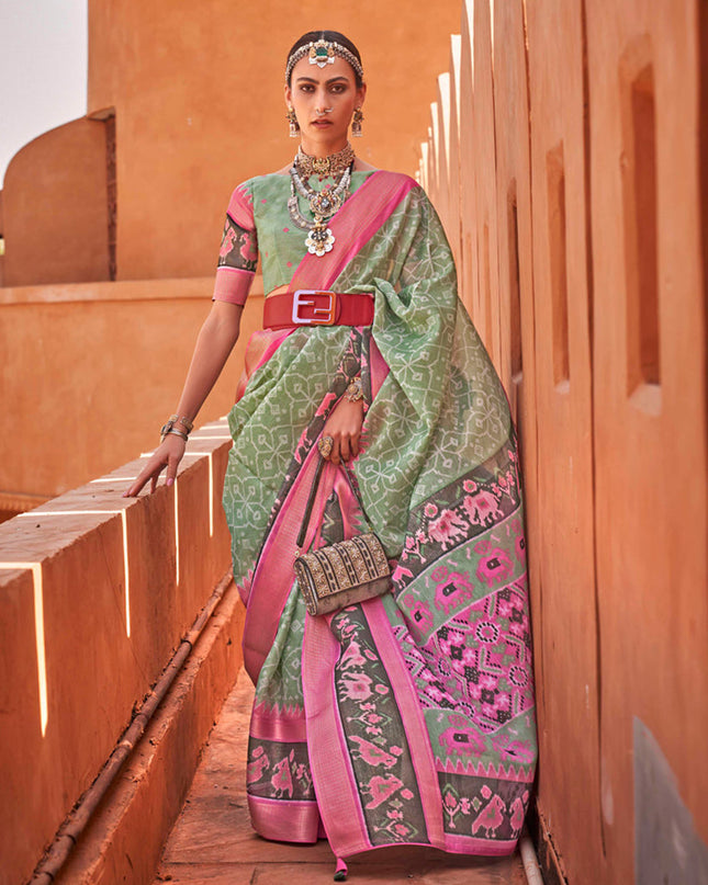 Sage Green Foil Printed Cotton Silk Saree