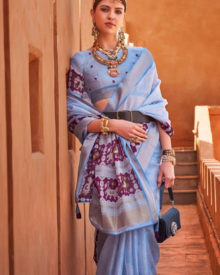 Periwinkle Foil Printed Cotton Silk Saree