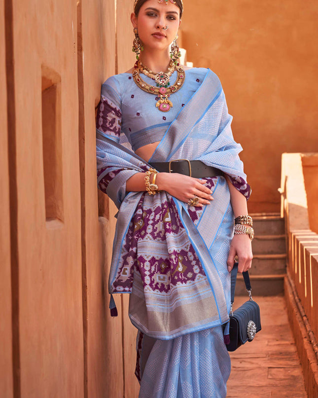Periwinkle Foil Printed Cotton Silk Saree