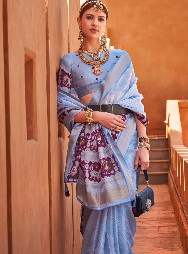 Periwinkle Foil Printed Cotton Silk Saree