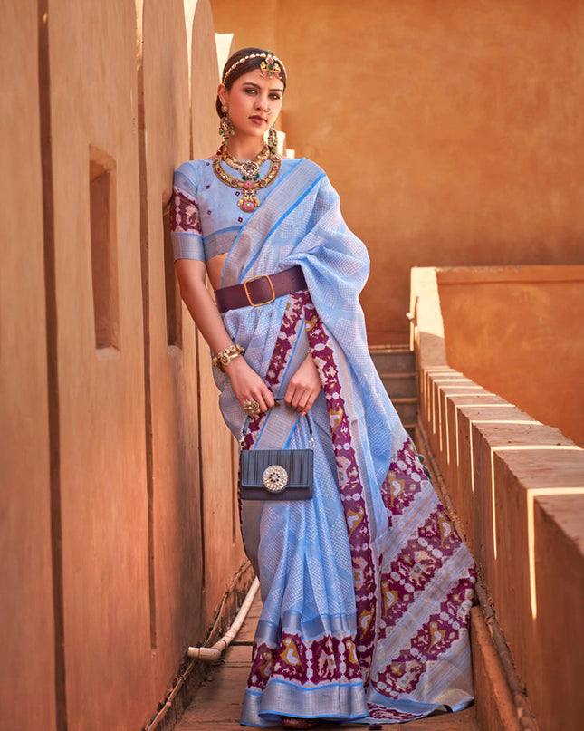 Periwinkle Foil Printed Cotton Silk Saree