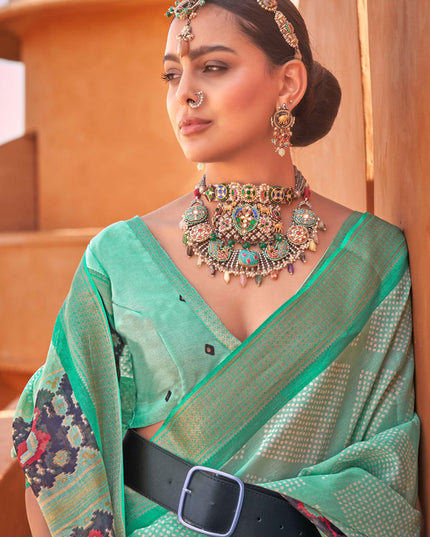 Mint Green Foil Printed Cotton Silk Saree