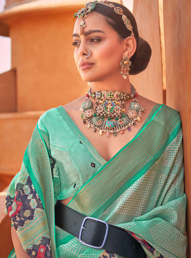 Mint Green Foil Printed Cotton Silk Saree