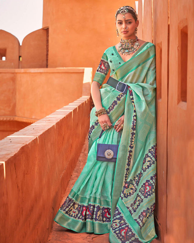 Mint Green Foil Printed Cotton Silk Saree