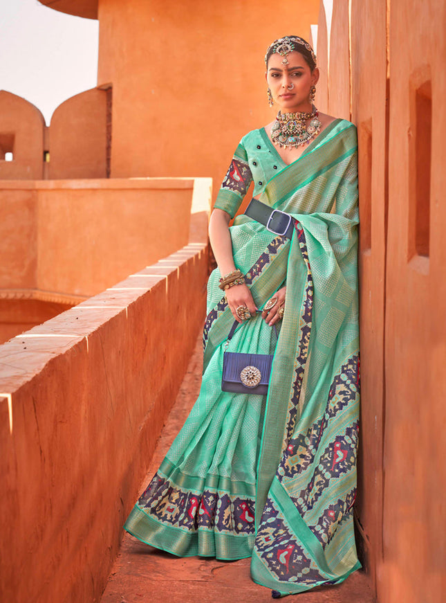 Mint Green Foil Printed Cotton Silk Saree