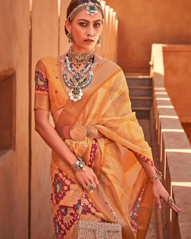 Mustard Foil Printed Cotton Silk Saree
